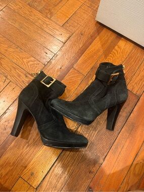 Tory Burch Black Suede Heeled Ankle Boots with Gold Buckle